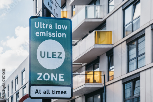 Ultra Low Emission Zone (ULEZ) sign on a street in London, UK. photo