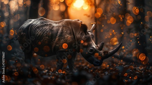 Illustration of a rhino on a dark sunset background, dark forest panorama. AI generated