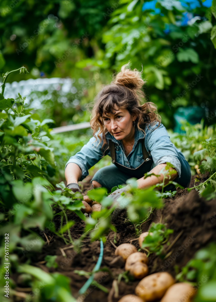 Woman kneeling down in the middle of field of plants and potatoes. Woman kneeling down in the middle of field of plants and potatoes.