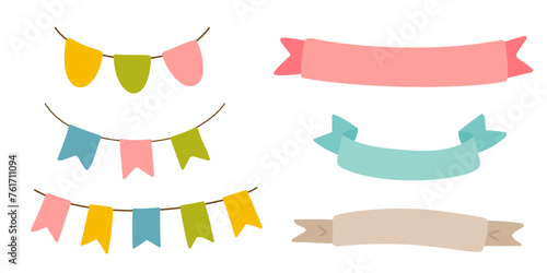 Set of decorative party string garland. Celebrate hanging colored flags, ribbons for baby products, fabrics, packaging, covers, invitation. Vector stock illustration