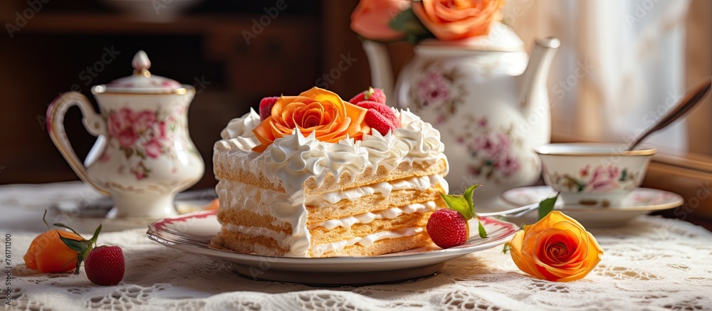 A sugar cake adorned with whipped cream and raspberries, placed on a plate atop a table. The dish features a beautiful display of flower petals A sugar cake adorned with whipped cream and raspberries, placed on a plate atop a table. The dish features a beautiful display of flower petals