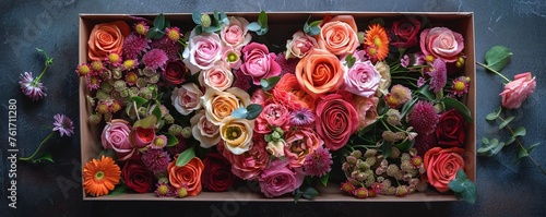 Heart-shaped bouquet in box with scattered flowers.