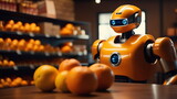 Orange humanoid robot works in a fruit store with oranges