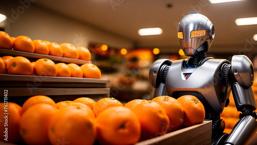 Humanoid robot made of metal works in a fruit store photo