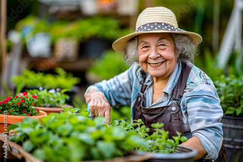 Older woman is smiling while working in garden center with her hands on wheelbarrow.
