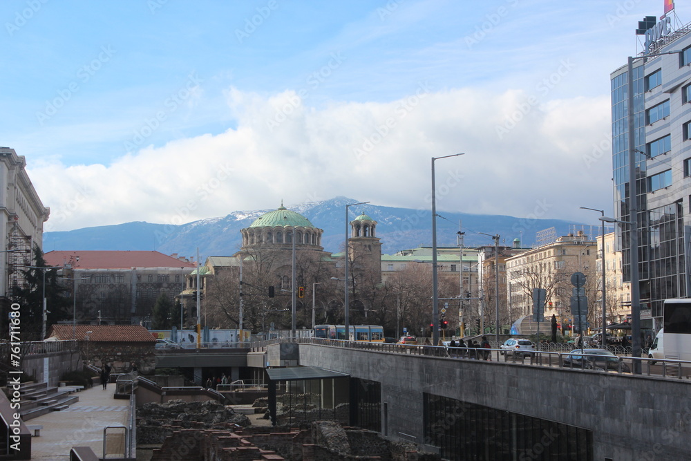 View of the Sofia Archaeological Complex, St. Nedelya Church and the foothills of Vitosha Mountain.
Sofia Bulgaria

