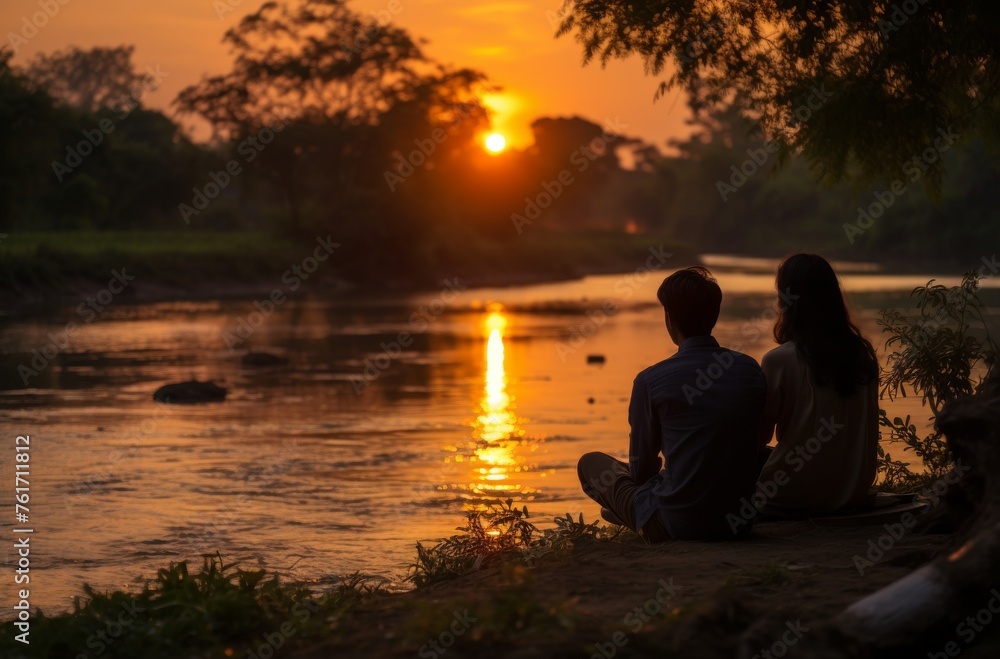 A serene capture of a couple sitting by the riverbank, enjoying the golden sunset amidst the lush greenery A serene capture of a couple sitting by the riverbank, enjoying the golden sunset amidst the lush greenery