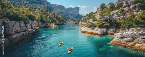 High angle view of unrecognizable people kayaking on blue narrow river flowing between rocky mountains during vacation at daytime