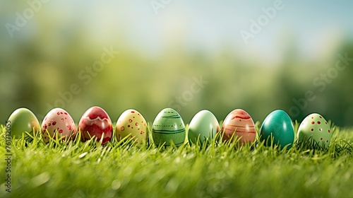 Row of Easter eggs in Fresh Green Grass - generative ai
