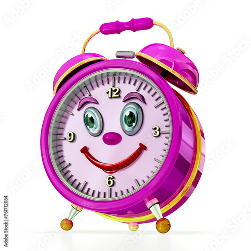 3d lustiger Kinder Wecker in Pink und Gold mit lustigen Gesicht und großer Klingel, auf transparenten Hintergrund, freigestellt