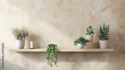 Transform your space with our image of a shelf adorned with potted plants against a soothing beige wall, offering a trendy home interior
