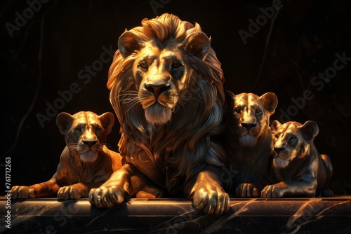 A statuette of a Family of lions on a black background