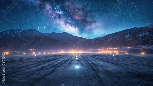 Busy Airport Runway Illuminated With Lights photo