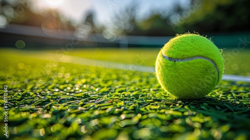 A tennis ball rests on the green surface of a tennis court © homeganko