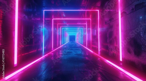 Abstract empty long corridor or tunnel with pink and blue neon glow spotlights. Laser lines and LED technology create glow in dark tunnel