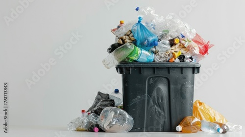 Promote environmental responsibility with our image of plastic bags full of garbage next to a waste bin on a white background