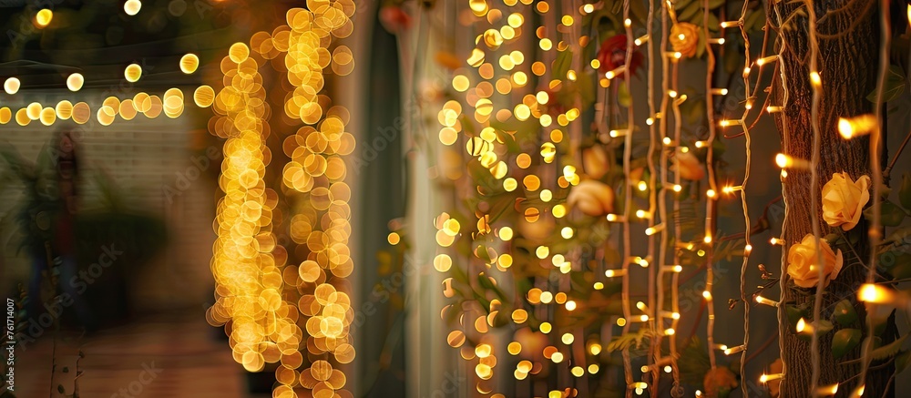 Obraz premium A beautiful array of Christmas lights in gold, amber, and glass are hanging on a wall, creating a festive and elegant display. The pattern of lights adds a touch of charm to the event decor