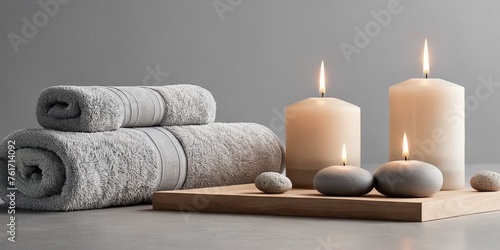 Spa and wellness setting with candles, towels and sea stones on grey background.