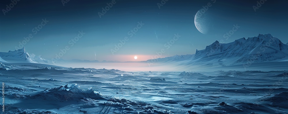 Icy landscape near Base Brown landing site at dawn Icy landscape near Base Brown landing site at dawn