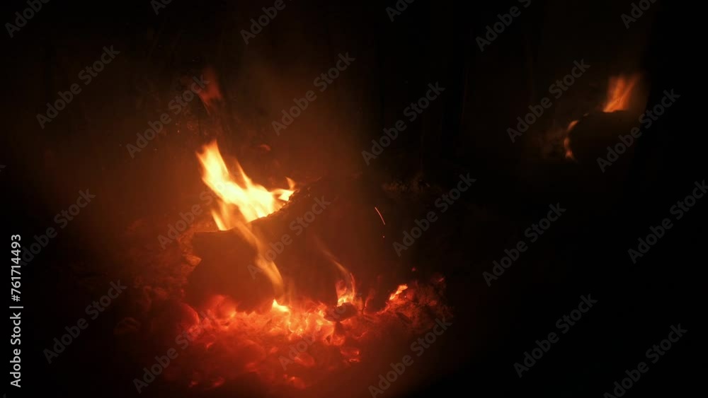 A bonfire is burning in the fireplace. A bonfire is burning in the fireplace.