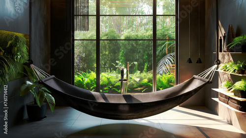 Bathroom in eco-friendly style. Carbon fiber hammock-shaped bathtub. View of the mountains from the bathroom