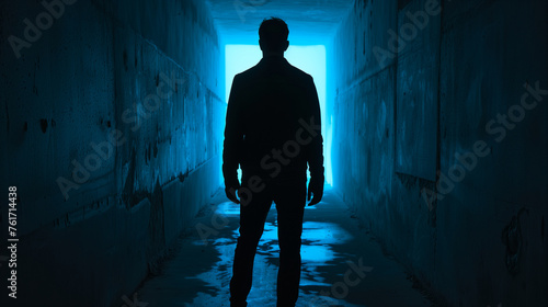 Silhouetted Man Walking Towards Light in a Dark Corridor