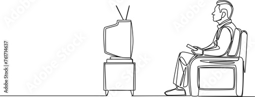 continuous single line drawing of senior man watching TV show on old tube TV set, line art vector illustration