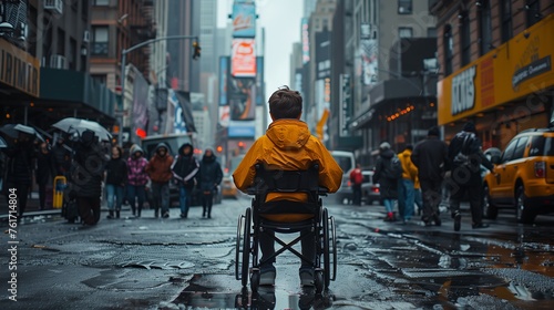 Close up photo of confused cerebral palsy boy sitting in the wheelchair at crowded city street. View from behind. Image related to vulnerability of disabled people which needs a help. 