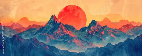 Illustration of abstract mountain range background with red and blue colors. Risograph style photo