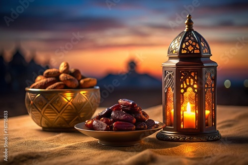 Ramadan Kareem iftar with dates. Ramadan lantern evening lights.