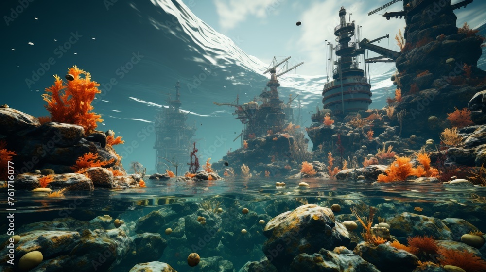 Underwater Scene With Corals and Ships - obrazy, fototapety, plakaty 