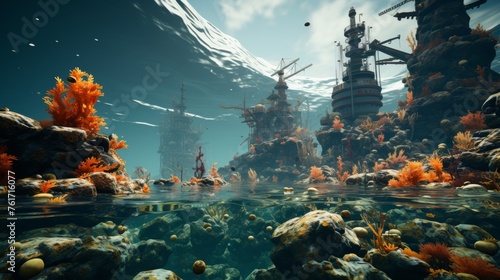 Underwater Scene With Corals and Ships