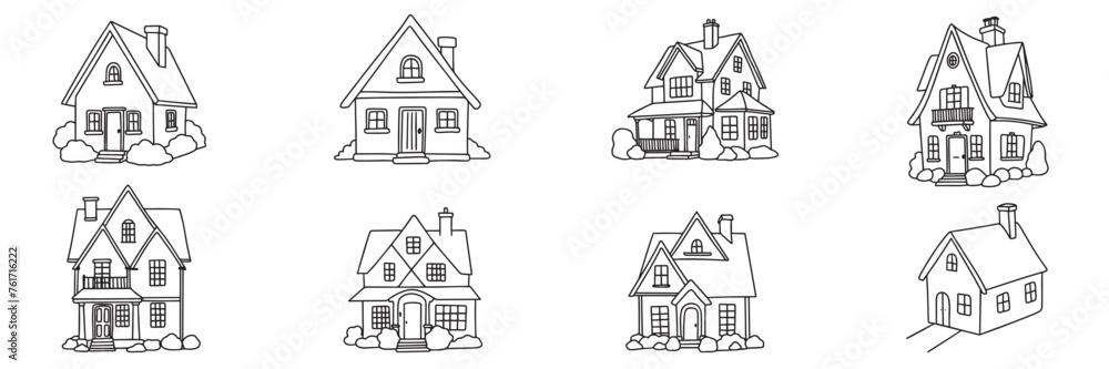 Collection of house in doodle style. Hand drawn vector art.