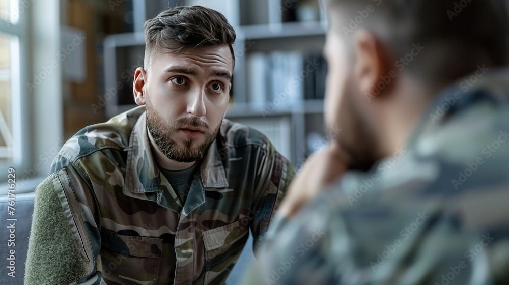 Experience mental support with our closeup image capturing a psychologist assisting a military officer in an office setting
