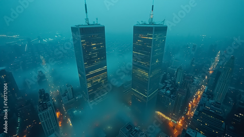 Illustration of New York City skyline with Twin Towers at night, cinematic color of World Trade Center named as Twin Towers, destroyed in September 11, 2001.