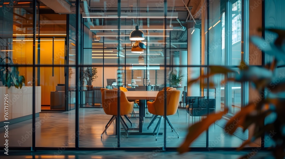 Bright office building with view of board room behind glass wall Bright office building with view of board room behind glass wall