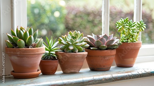 potted succulents adorning a window sill  bringing greenery indoors. Perfect plant decor