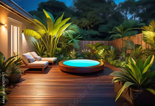 Cozy patio in the back garden with wooden decking, tropical plants and plunge pool. modern design of a place to relax at home,