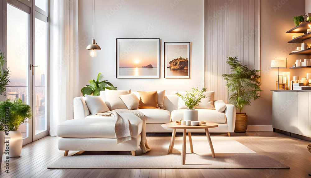 Fototapeta premium Interior of a modern bright living room with a white sofa, romantic light colors, lots of cute details creating a cozy atmosphere,