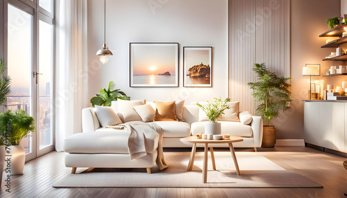 Interior of a modern bright living room with a white sofa, romantic light colors, lots of cute details creating a cozy atmosphere,