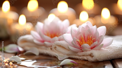 water lilies on a white towel with twinkling lights in the background,
Concept: spas, wellness centers about relaxation and meditation