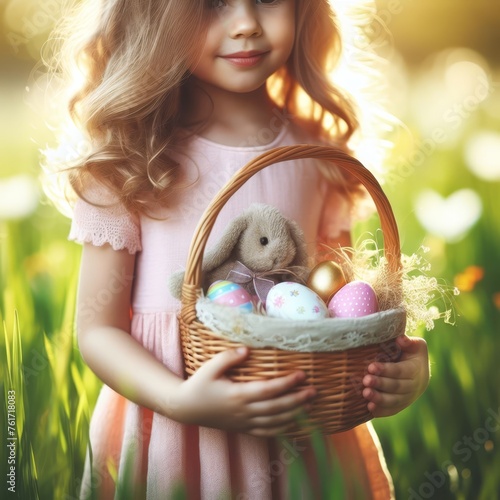 Little girl with an Easter basket in her hand, outdoor on a meadow.