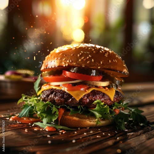 Juicy gourmet cheeseburger on wooden table