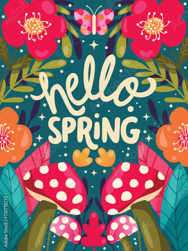 Colorful decorative hand lettered design with mushrooms, flowers and flower decoration. Hello spring vibrant vector illustration