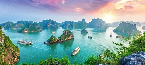 Tranquil beauty of ha long bay  unesco world heritage site with limestone islands in vietnam photo