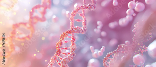 Festive pink background with glitters and colorful confetti shapes for a DNA molecules