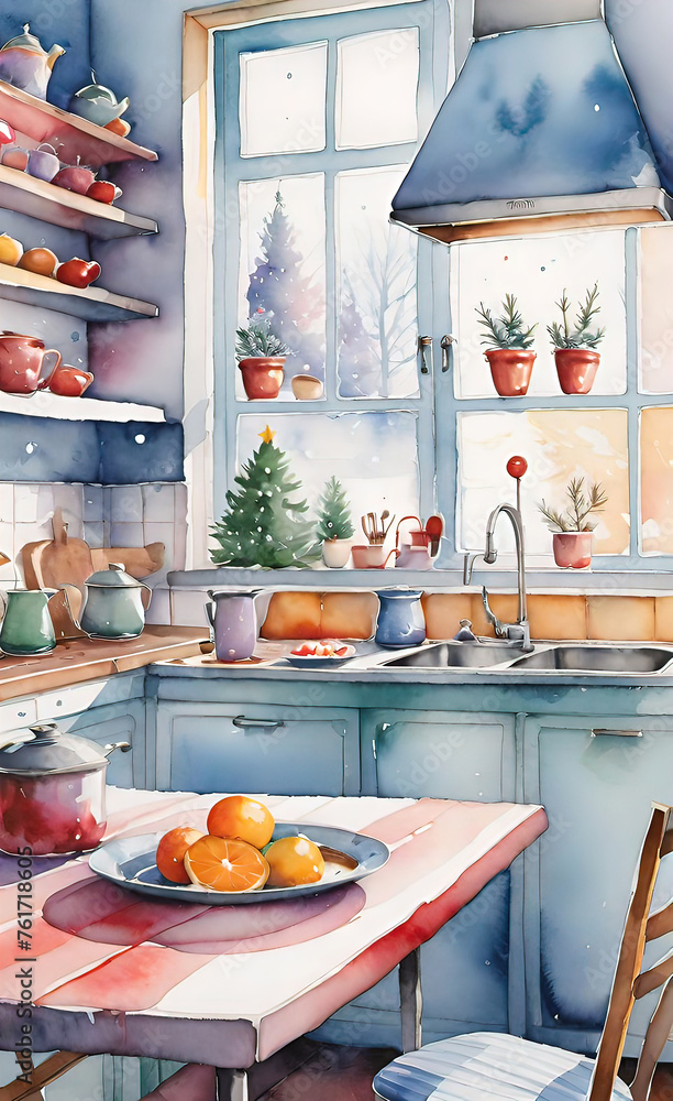 watercolor illustration, vintage cozy kitchen image, smartphone wallpaper, printable painting,