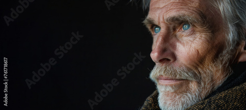 A man with a beard and white hair is wearing a scarf and looking at the camera. He is a bit tired or sad. a handsome male model, old, mature, with wrinkles in a black background.