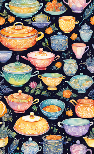 watercolor illustration, Seamless bright kitchen pattern for design, seamless wallpaper for smartphone, © Perecciv