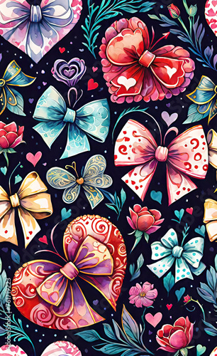 watercolor illustration, Seamless bright pattern for Valentine's Day with bows and hearts for design, seamless wallpaper for smartphone,